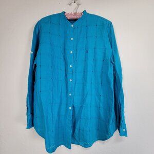 Lauren Ralph Lauren Womens 1X Blue Check Linen Button-Down Shirt Mandarin Collar